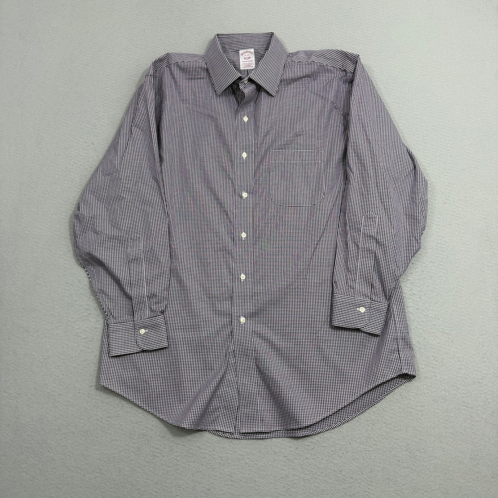 Brooks Brothers Button Up Mens 16-32 Purple Gingham Traditional Non-Iron Stretch